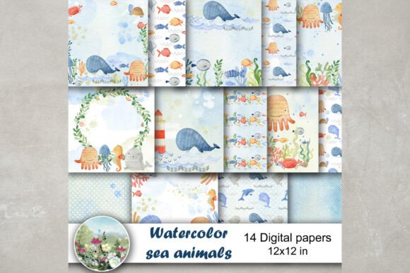 Download Watercolor Sea Animals Digital Papers. - Animal Collection